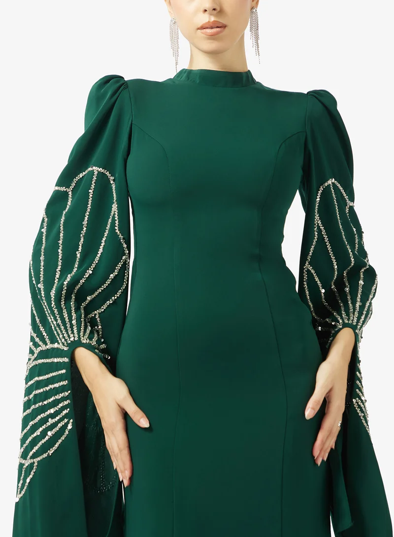 Akadia Fashion  BEADED WIDE SLEEVES CREPE DRESS for Women | Best Price UAE